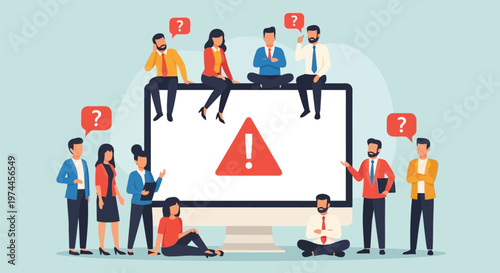 A group of business people looking at a large computer monitor with a warning sign