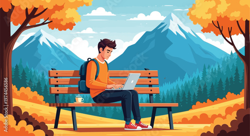 Man sitting on a bench with a laptop in an autumnal landscape with mountains