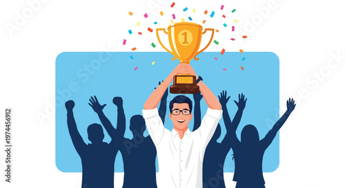 Man holding trophy with confetti and cheering people in background