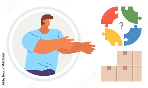 Collaboration, problem solving, logistics, task distribution, teamwork, organization. Person pointing toward jigsaw puzzle and boxes. Collaboration and problem solving concept