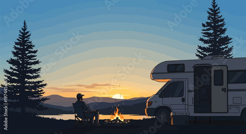 A man sitting in a chair next to a campfire and rv at sunset