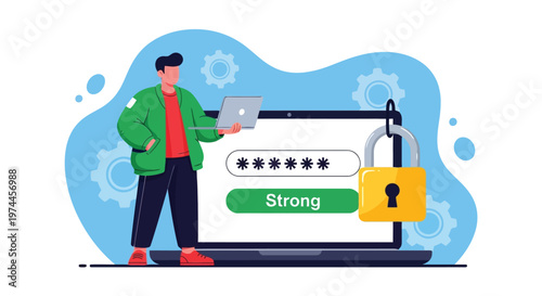 Man standing next to laptop with strong password and padlock on screen