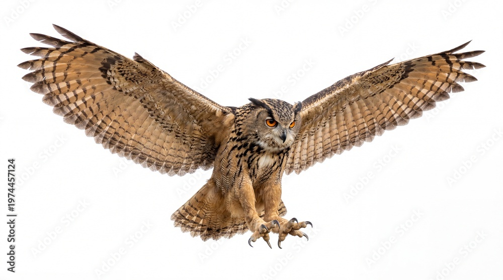 Fototapeta premium A majestic eurasian eagle owl in flight with wings fully spread showing detailed brown feathers