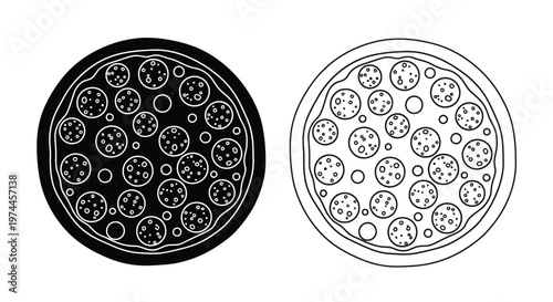 Two pizzas illustrated in black and white line art one solid one outlined