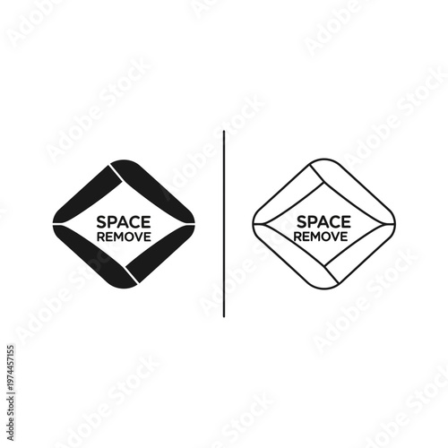 Space remove graphic icon with stylized diamond shape and text in solid and outline style, abstract