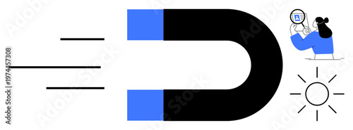 Customer attraction. Customer attraction illustrated with a magnet engagement. Customer attraction enhanced by data analysis insights. For marketing, engagement, strategy development, branding