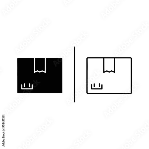 Package box and stylized e symbol icon set with solid and outline versions e commerce white
