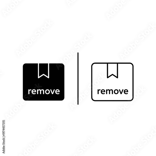 Box with remove text and bookmark tag symbol in solid and outline versions for deletion or shipping