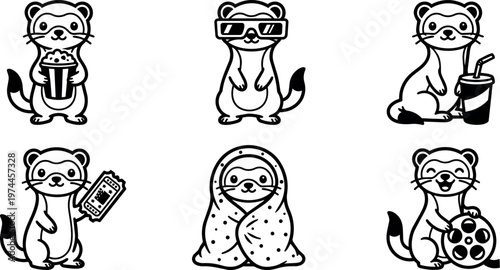 Black and white flat design vector art of ferret with popcorn sunglasses ticket drink blanket and movie reel