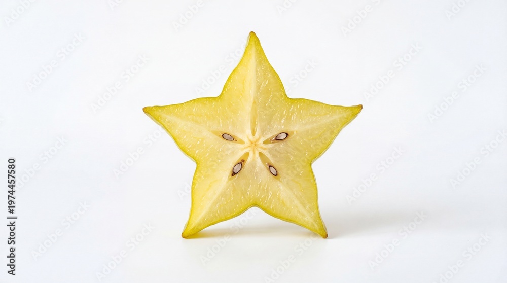 Fototapeta premium A single slice of fresh yellow starfruit showing its distinctive five pointed star shape pattern