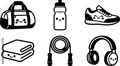 Black and white gym bag water bottle shoe towel jump rope and headphones vector art