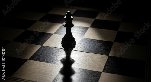 Chess King Piece on Board with Dramatic Lighting.