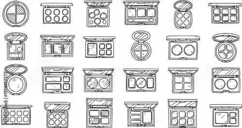 Black and White Line Art of Various Eye Shadow Palettes, Makeup Design