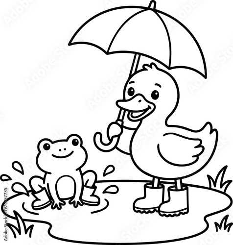 Happy duck holding umbrella standing in puddle with smiling frog wearing boots