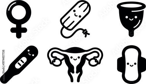 Cute black and white menstrual health icons with smiling faces including uterus tampon and cup