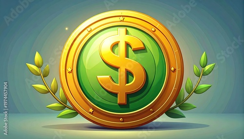Cartoon gold coin with dollar sign, flanked by leaves