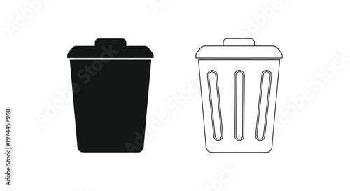 Two trash cans depicted in contrasting black and white line art