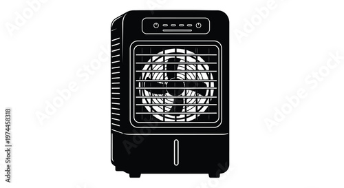 A black and white illustration of a modern portable air cooler appliance