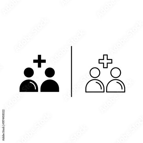 Two people and plus symbol icons for add new user or friend functionality in solid and outline style