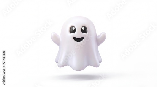 A cute little white cartoon ghost character with a friendly smiling face and outstretched arms