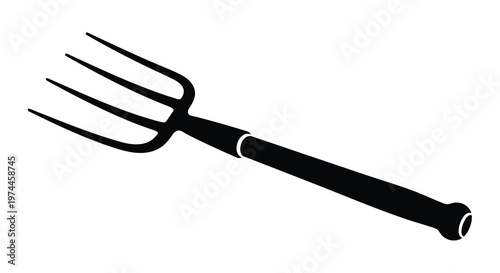 A simple black and white illustration of a garden pitchfork