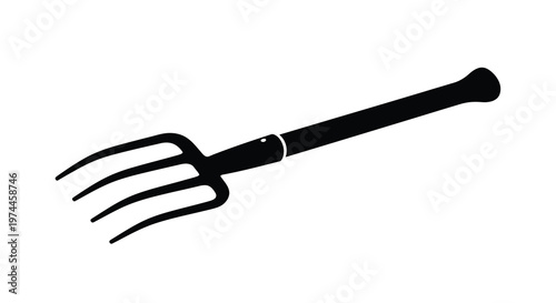 Simple black and white illustration of a garden pitchfork or hay fork