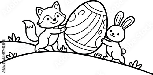 Cute fox and bunny holding decorated easter egg on grassy hill line art