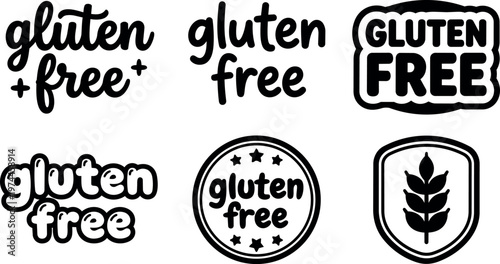 Gluten free lettering variations with shield and circle badge icons vector art