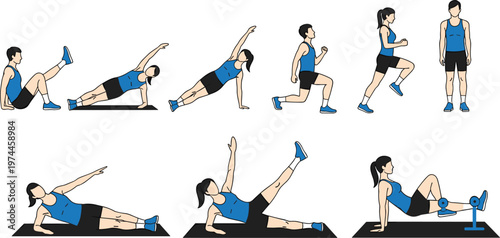 Full Body Exercise Illustration Set Featuring Different Fitness Movements for Core, Strength, and Cardio Training