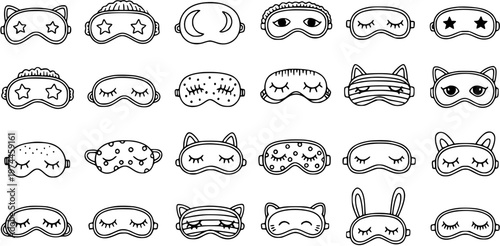 Black and White Line Art Collection of Cute Sleep Masks, Eye Masks, and Animal Masks for Bedtime