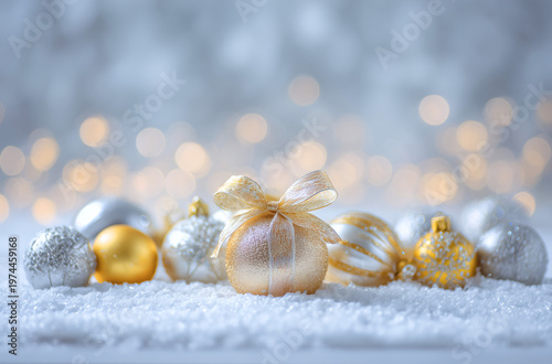 Elegant Gold and Silver Christmas Baubles on Snow with Festive Bokeh Background