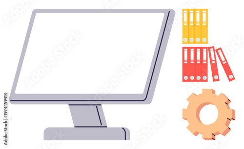 Digital workflow, office management, productivity tools, data organization, business tasks, filing systems. Image shows a monitor, folders and gear icon. Digital workflow and office management