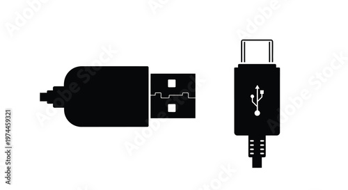 Black and white illustration of a usb a and usb c connector