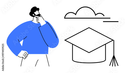 Education, e-learning, career planning, academic success, future goals, knowledge acquisition. A man pondering next to a graduation cap and cloud. Education and learning concept