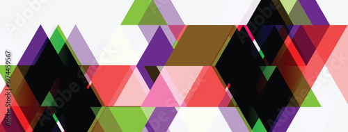 Abstract geometric composition. Triangles overlap, creating colorful patterns. Shapes vary in size, hue, opacity. Modern design element.