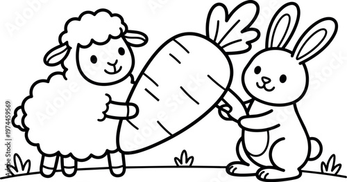 Line art lamb and rabbit holding large carrot together