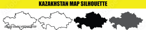 Kazakhstan map silhouette set containing border outline solid black and creative dot pattern on transparent grid.