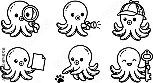 Black and white octopus cartoon characters holding magnifier flashlight paper paw print and key