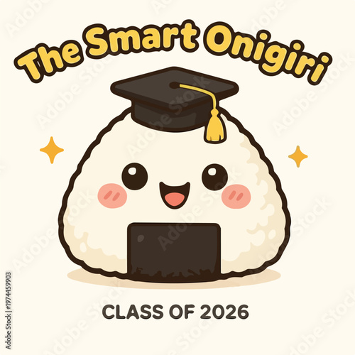 Cute cartoon onigiri wearing a graduation cap representing a smart food character mascot for students celebrating a successful academic milestone