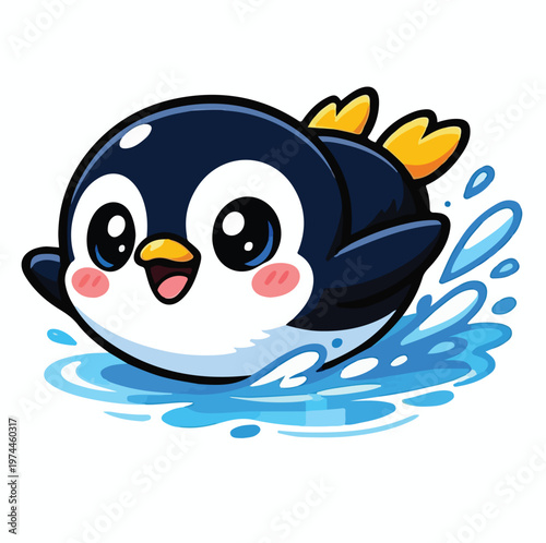 Cute baby penguin swimming happily in blue water while enjoying a fun time during a bright and sunny summer day