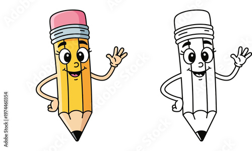 Cute Cartoon Pencil Mascot Character Set, Color and Line Art Versions, School Supplies Illustration for Kids Coloring Book Page, Educational Graphic Design Element on White Background
