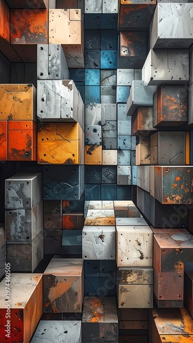A perspective view of numerous, various-sized, metallic cubes, some weathered, composed in an abstract design