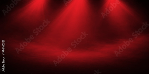 Abstract an alluring theater stage bathed in a dramatic red hue, with vibrant spotlights and a smokey haze to give a sense of depth, creating the illusion of a captivating and artistic event.