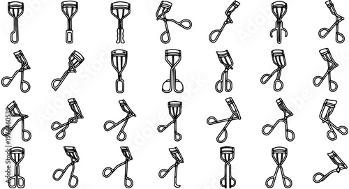 Beauty  Cosmetics Eyelash Curlers Line Art Set. Black and White Outline Icons for Makeup and Personal Care Industry.