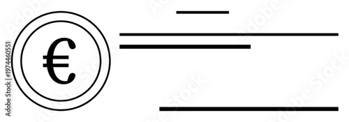 Finance, currency exchange, digital payments, accounting, banking, economics. Euro symbol in a circle and minimalist horizontal lines. Finance and currency exchange concept