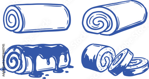 Hand Drawn Swiss Roll Cake Silhouette Vector Illustration Set with Chocolate Dessert Slice Bakery Food Design.