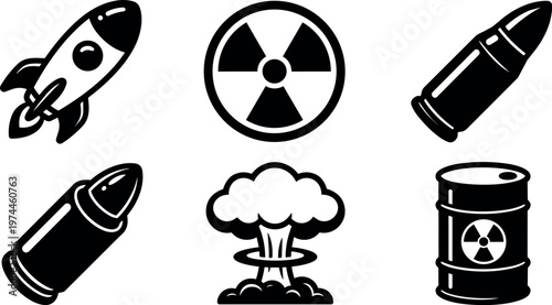 Black and white nuclear explosion mushroom cloud rocket and bullet icons
