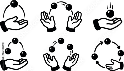 Black and white vector line art hands juggling balls in six variations