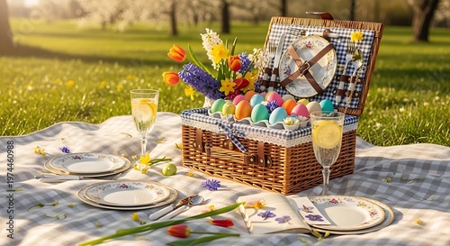 Picnic Basket with Champagne and Flowers.
