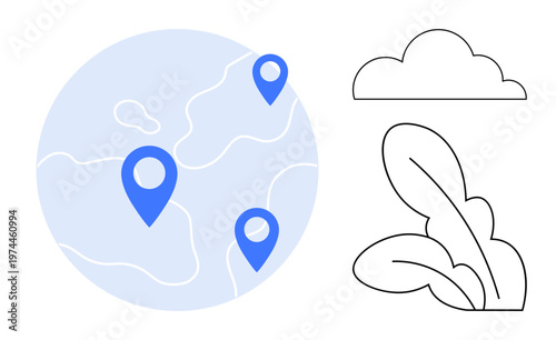 Navigation, location tracking, sustainability, ecology, travel planning, connected world. Blue map with location pins, cloud line art leaves. Navigation and location tracking concept